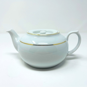 Tea Pot Gold Accent Design on White Porcelain with Sm. Steam Hole on Lid 4” High